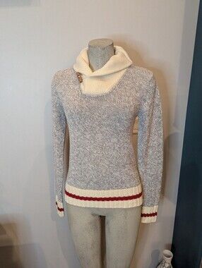 Sock Monkey Style cowl neck Sweater gray  & ivory with red strip cuffs size XS